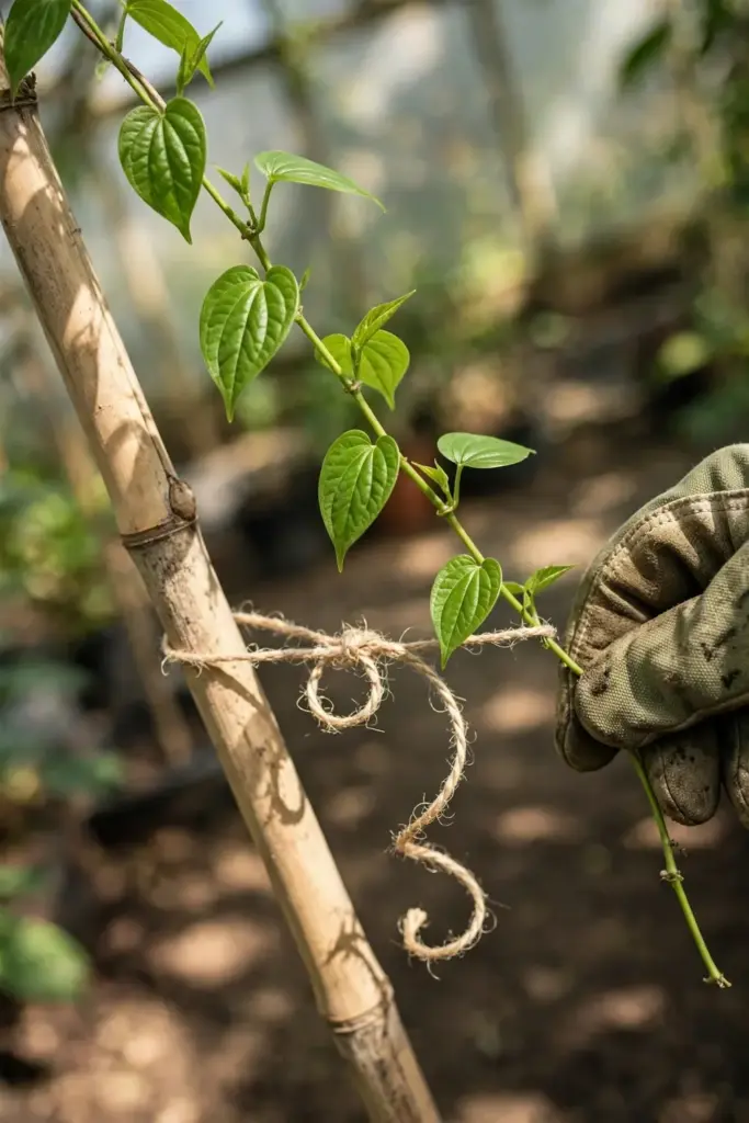 Young long pepper vine tied loosely to a bamboo stake