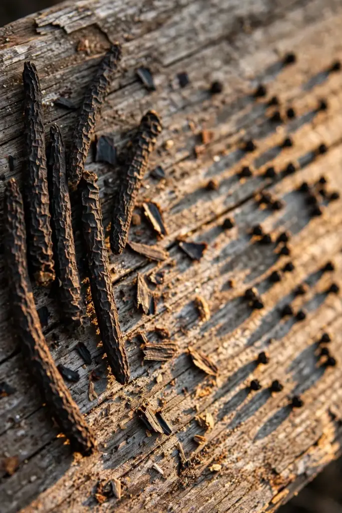 Dried long pepper spikes beside round black peppercorns on a timber board