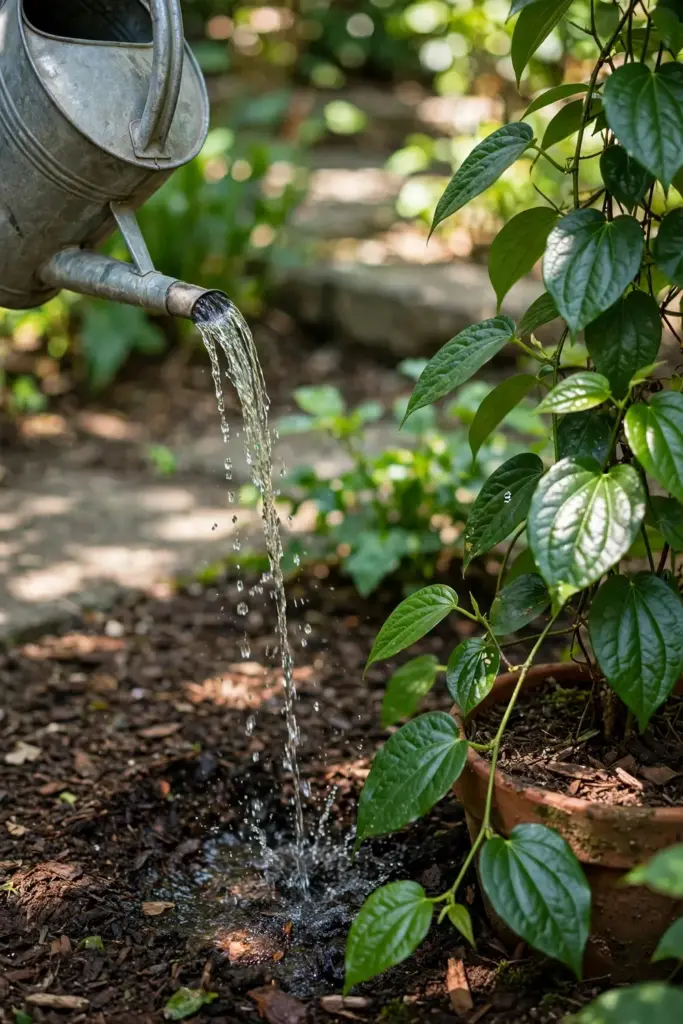 Watering a potted long pepper vine with a metal can