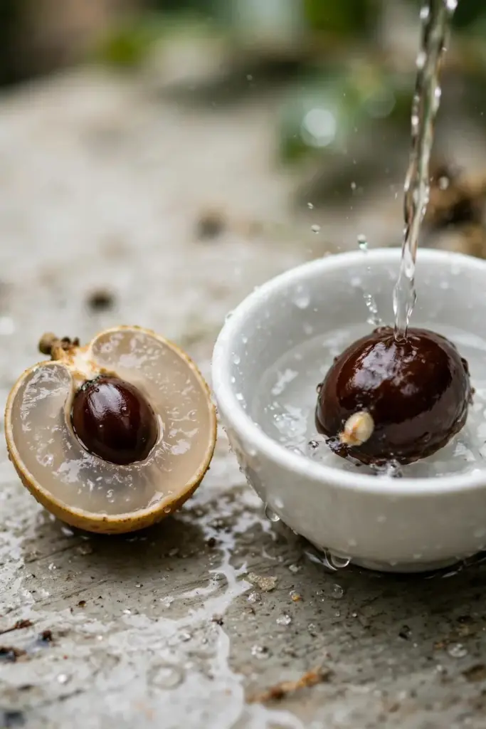 Halved longan fruit and a rinsed glossy brown seed in a bowl