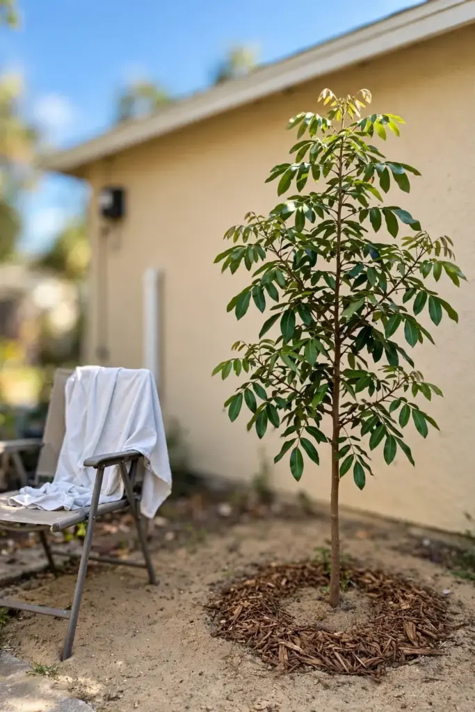 Young longan tree planted in a sunny backyard near a south-facing wall