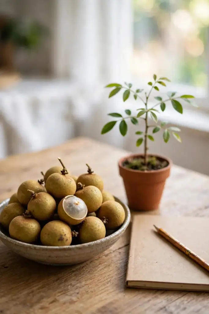 Potting bench with a young longan tree at golden hour
