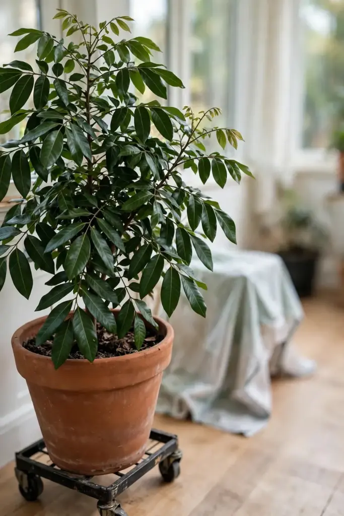 Young longan tree in a large pot on a rolling caddy in a bright sunroom
