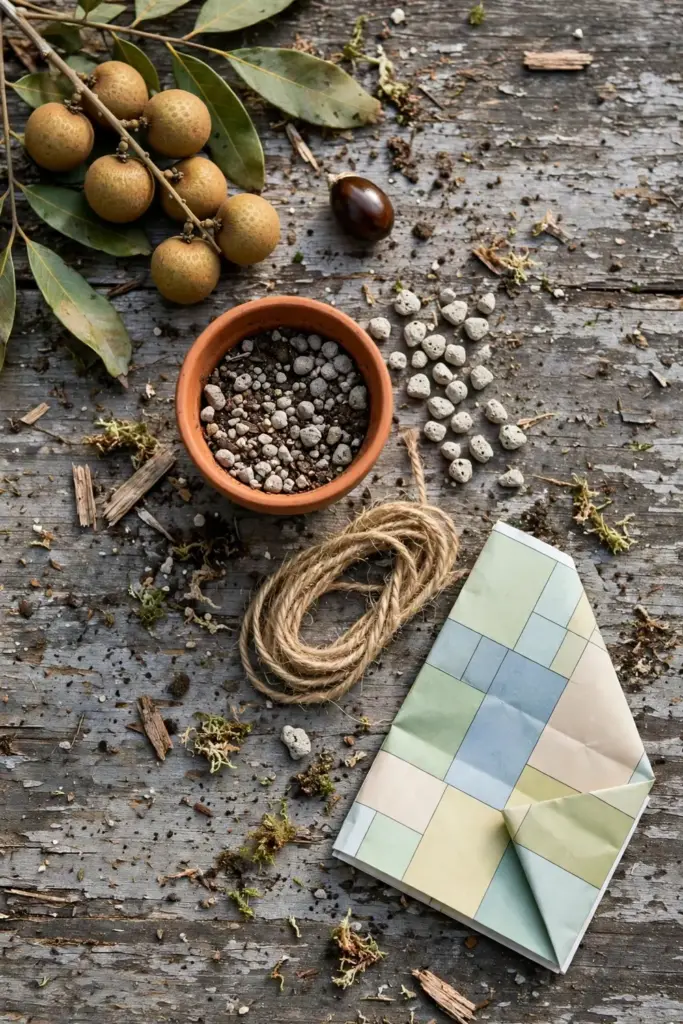 Flat-lay of longan growing essentials on a potting bench