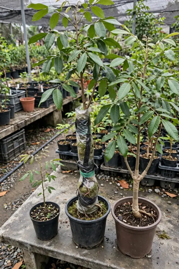 Wilted overwatered longan seedling beside a thriving one