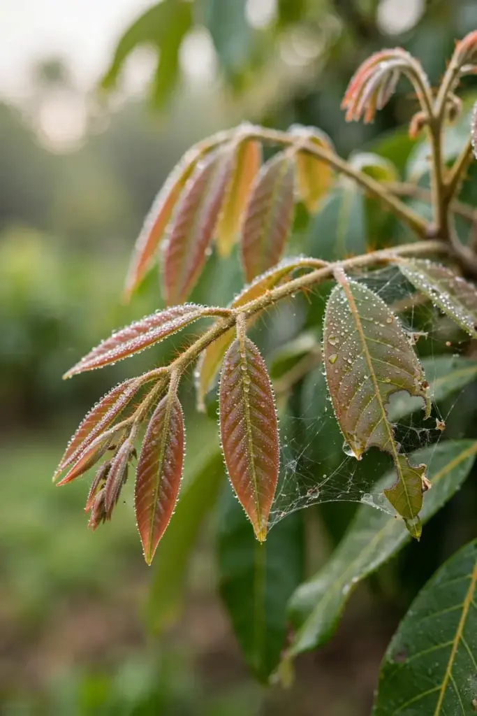 Seedling, air-layered, and grafted longan trees side by side at a nursery