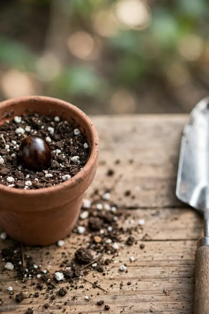 Longan seed pressed into loose seed-starting mix in a terracotta pot