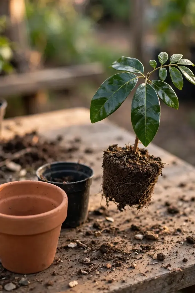 Longan seedling with two true leaves being transplanted with its root ball