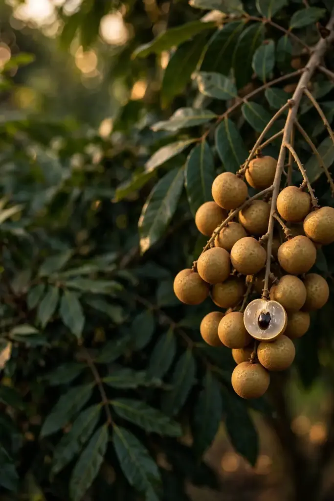 Fresh glossy longan seed beside a dried shriveled seed on a wooden table
