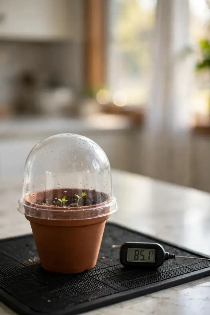 Potted longan seed under a humidity dome on a heat mat