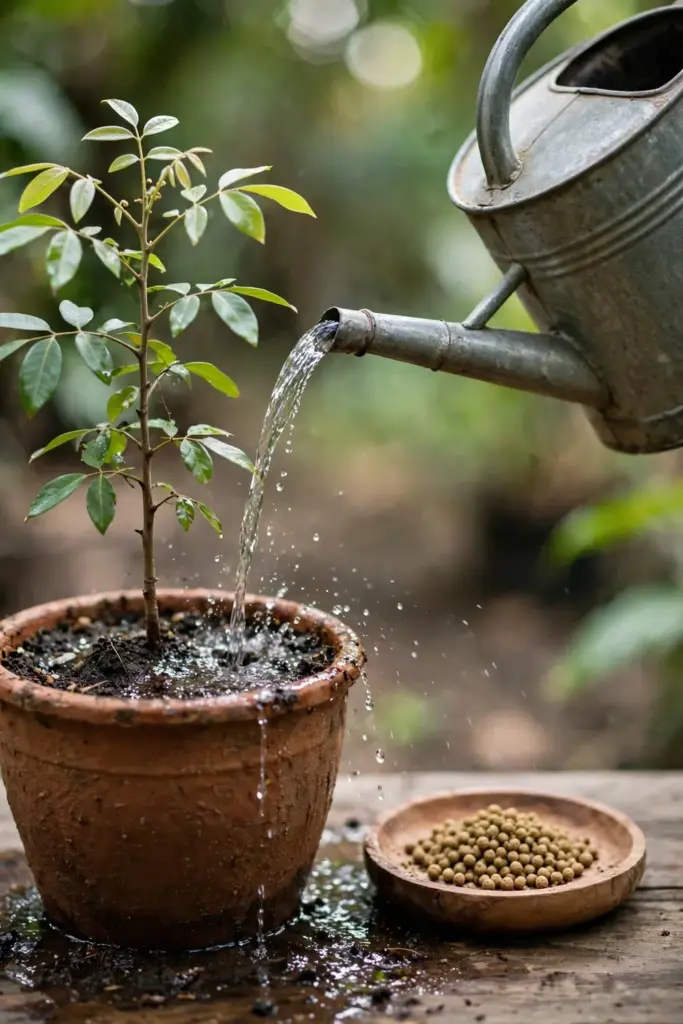 Watering a potted young longan tree with fertilizer nearby