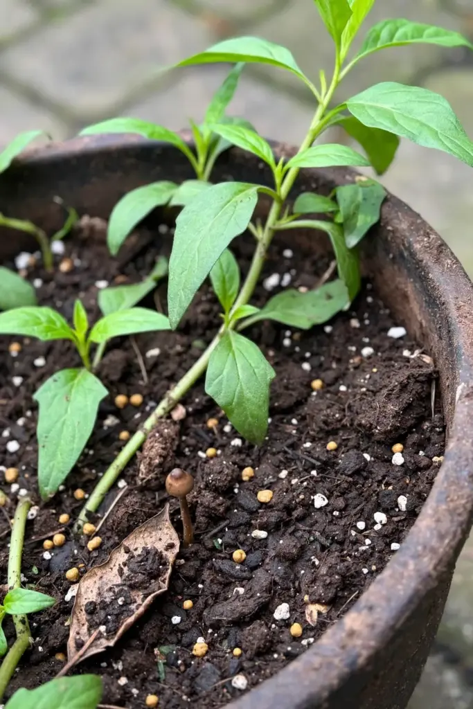 Compost top-dressing spread around longevity spinach stems in a deep pot