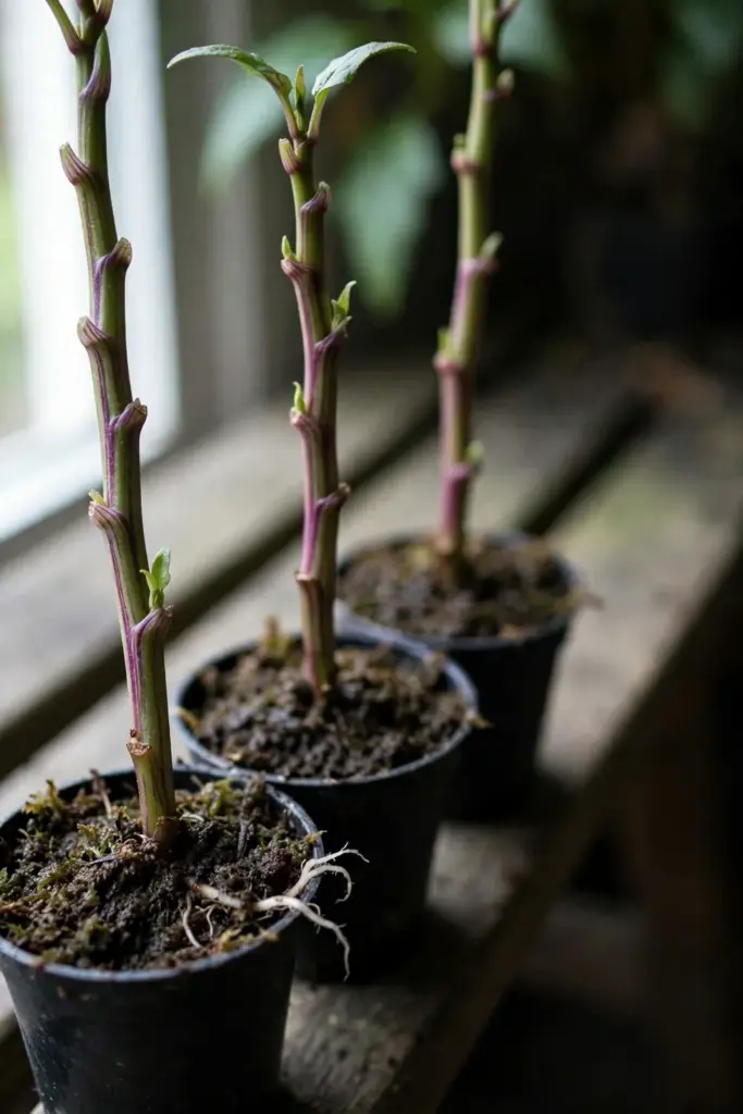 Longevity spinach stem cuttings with stripped lower leaves rooting in peat moss cups