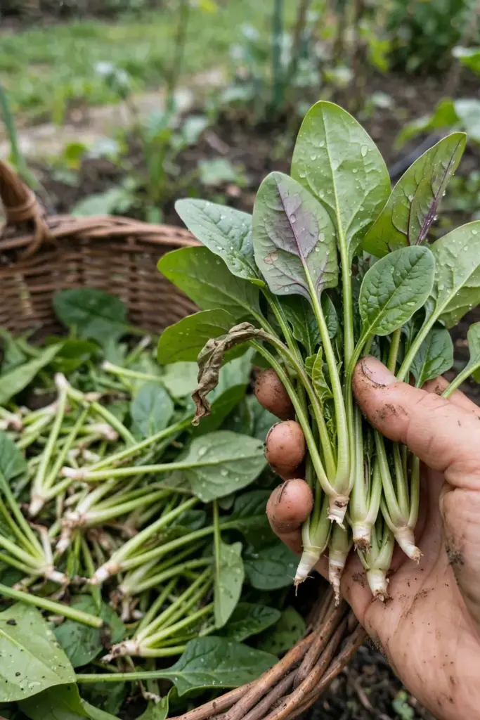 A hand cradling freshly cut longevity spinach shoot tips over a woven basket