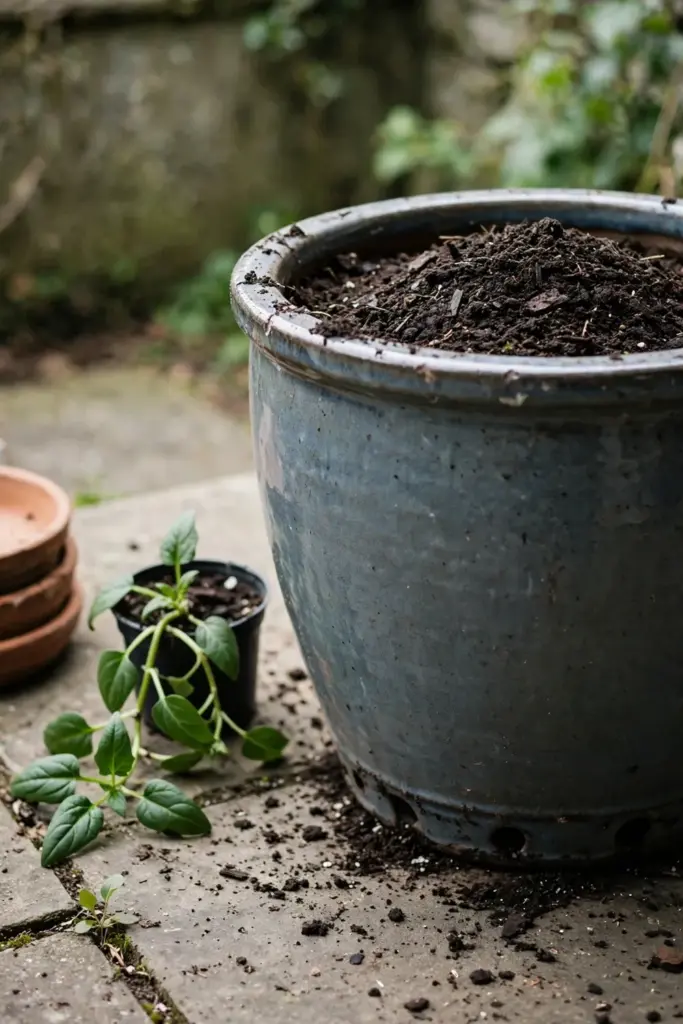 Large deep pot with fresh mix and a young longevity spinach transplant