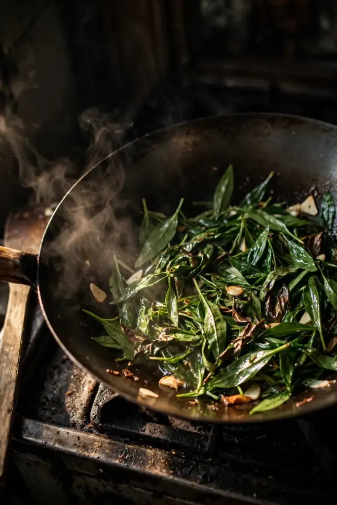 Longevity spinach leaves cooking in a wok with steam rising