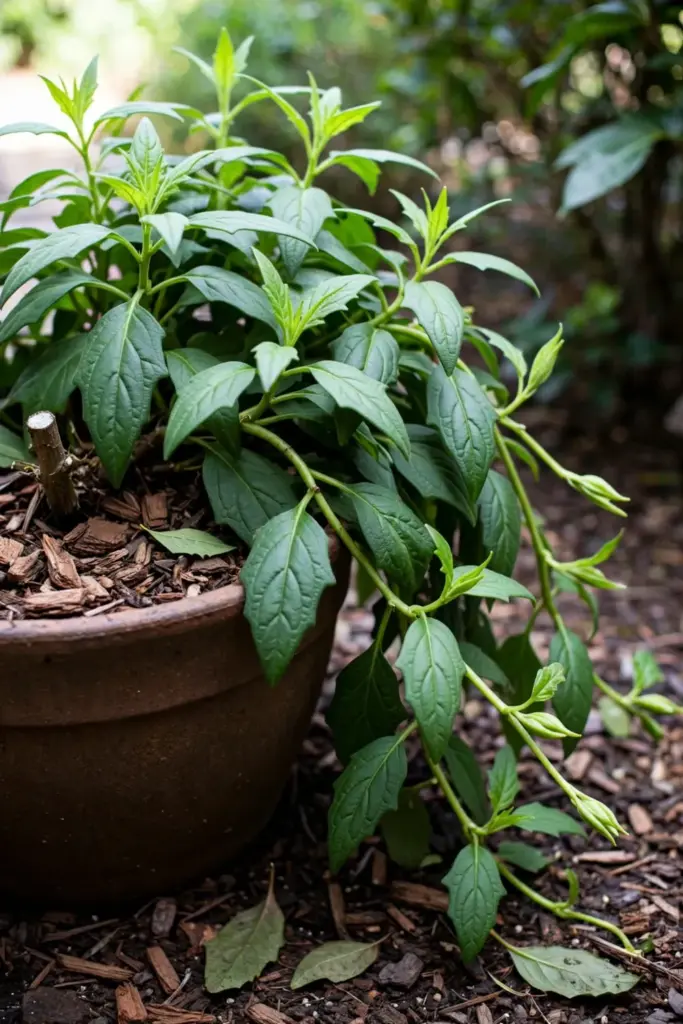 Mature longevity spinach with trailing stems in a large mulched pot