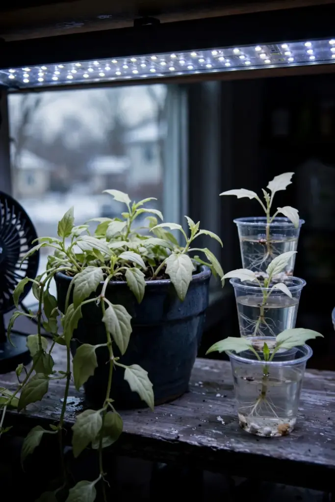 Longevity spinach cuttings rooting in cups on a bright windowsill