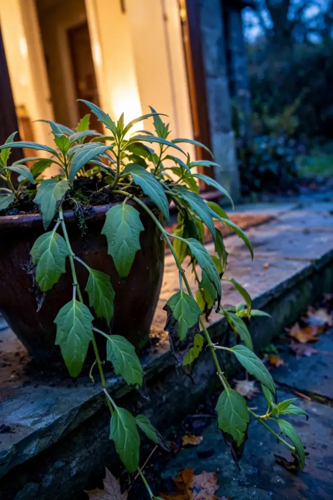 Potted longevity spinach at an open doorway at dusk before a cold night