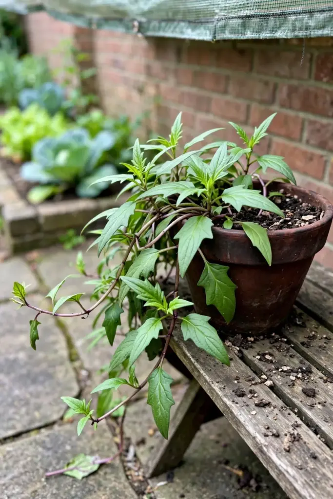 Potted longevity spinach against a sun-warmed garden wall on a patio