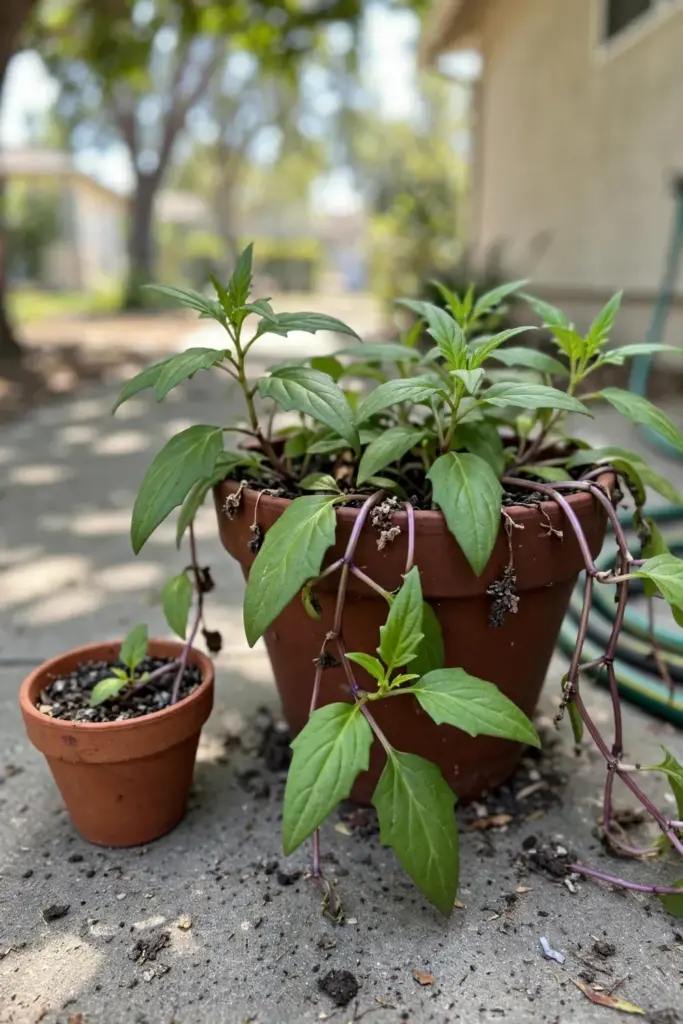 Potted longevity spinach on a patio showing the complete container setup