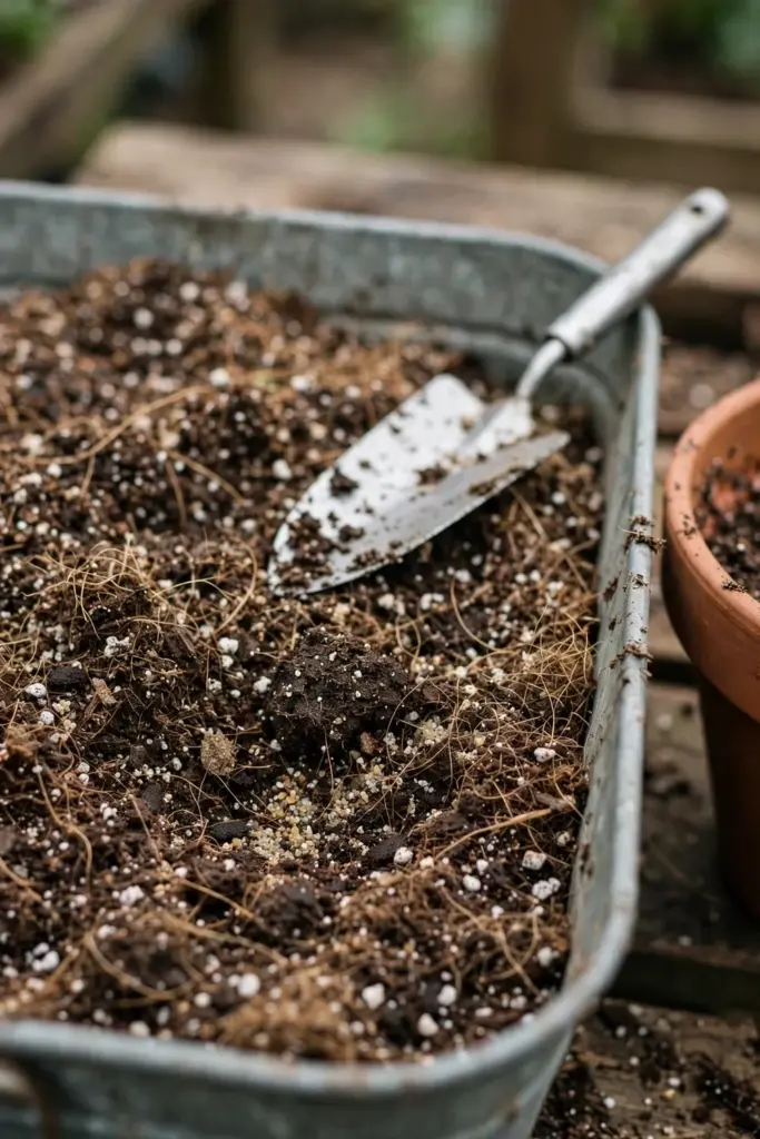 Longevity spinach potting mix of compost, coir, and perlite in a tub