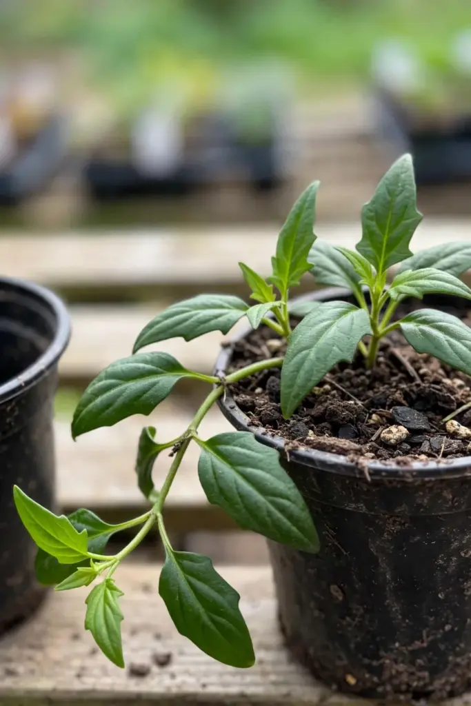 Young rooted longevity spinach starter plant in a small nursery pot
