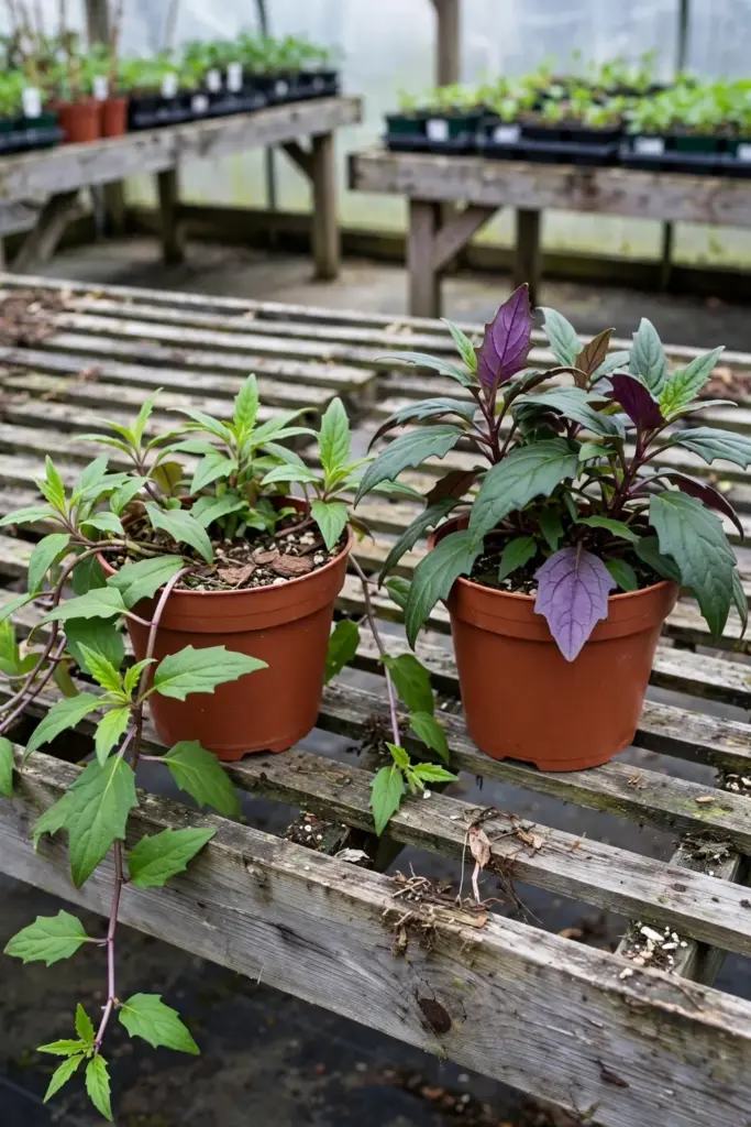 Two potted Gynura plants side by side, one with bold purple leaf undersides