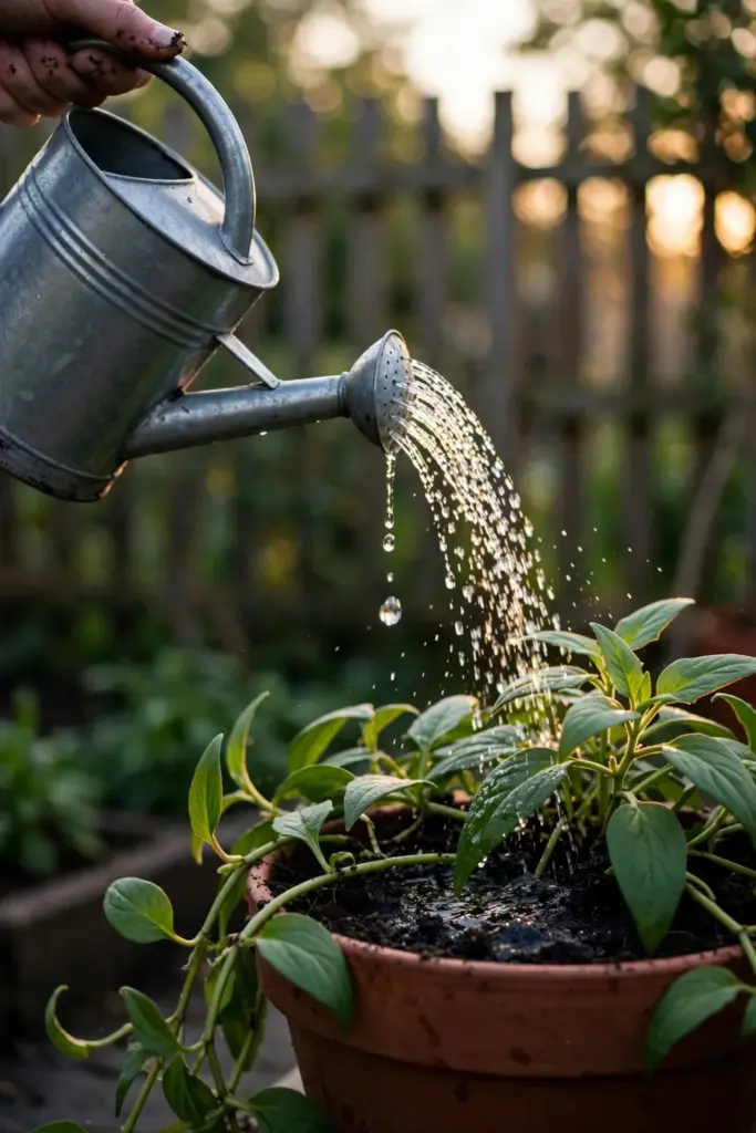 A hand tipping a watering can over the root zone of a potted longevity spinach