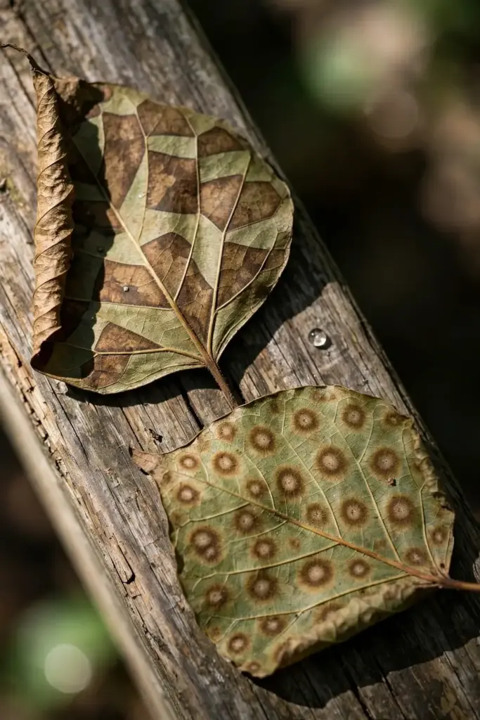 Two damaged leaves side by side, one with angular vein-bounded blotches.