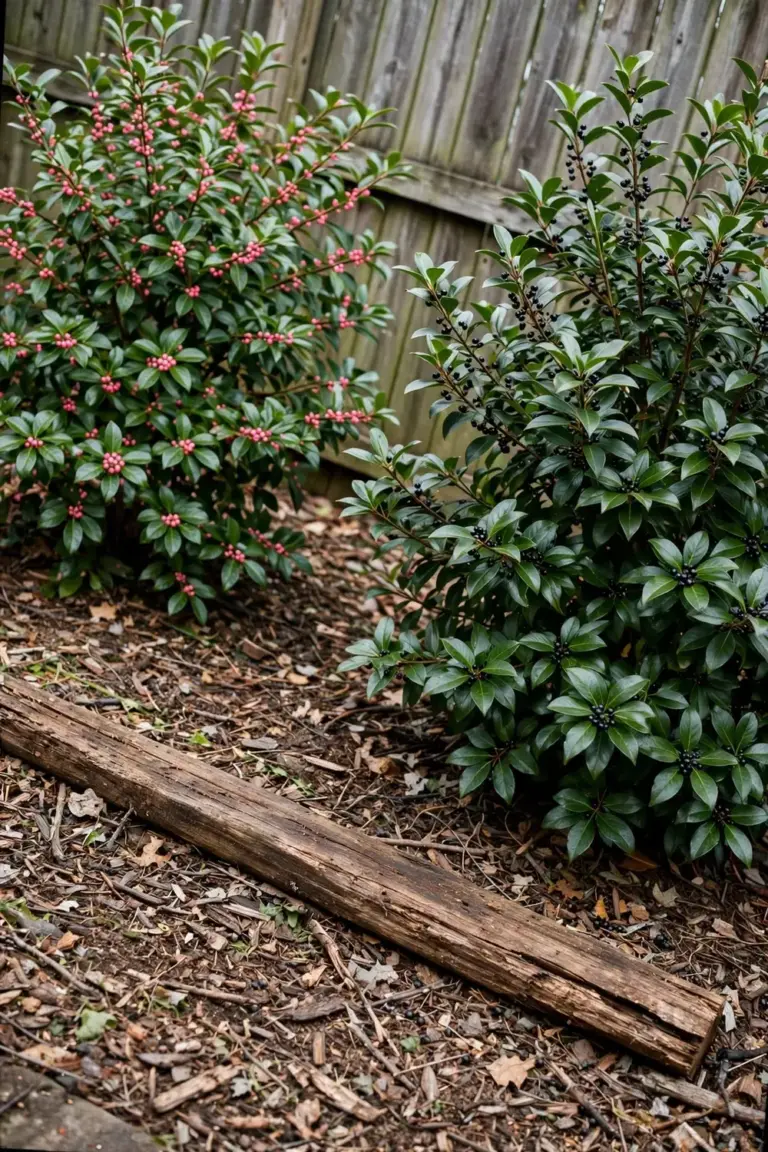 Two similar shrubs side by side in a garden bed for comparison