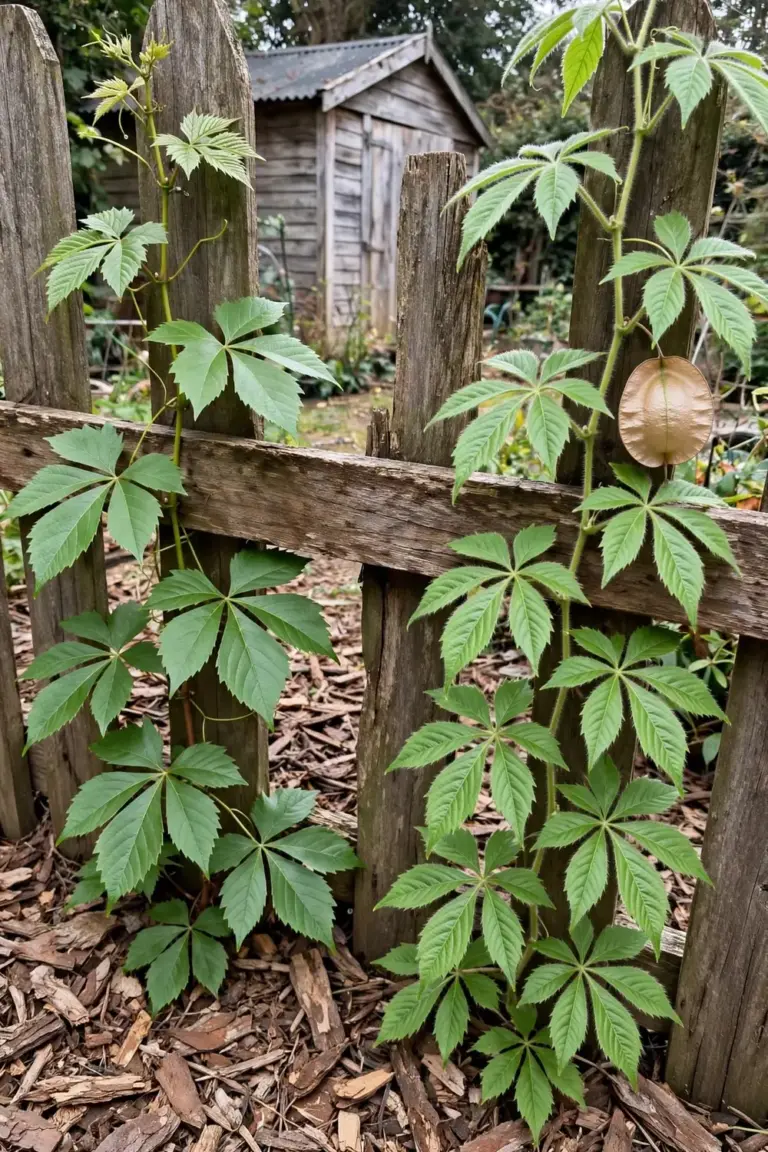 Two similar climbing vines side by side on a fence for comparison