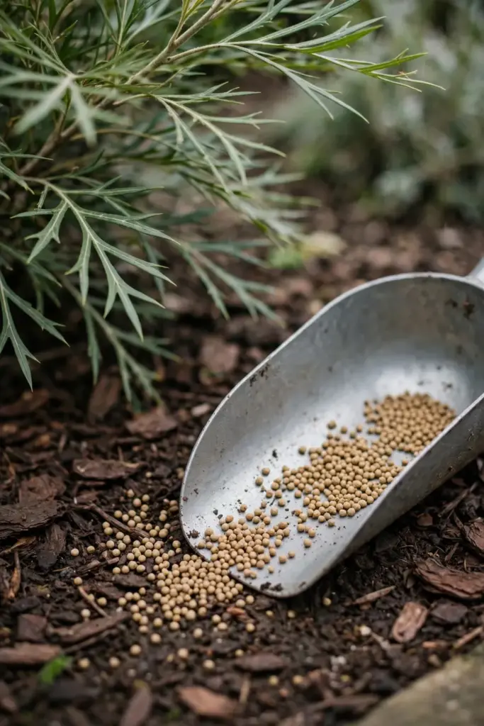 Low-phosphorus native fertilizer granules in a scoop by a grevillea