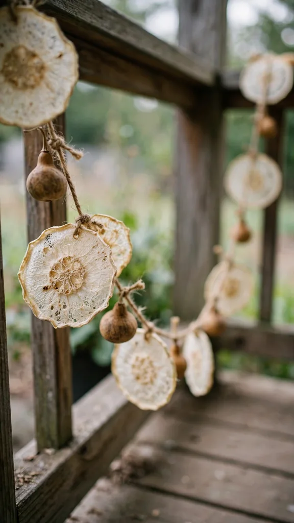 Dried luffa slices and mini gourds strung as a garland on a porch railing