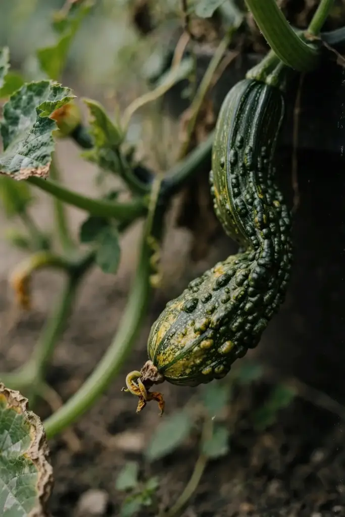 Small lumpy malformed zucchini fruit with green mottling on the vine.