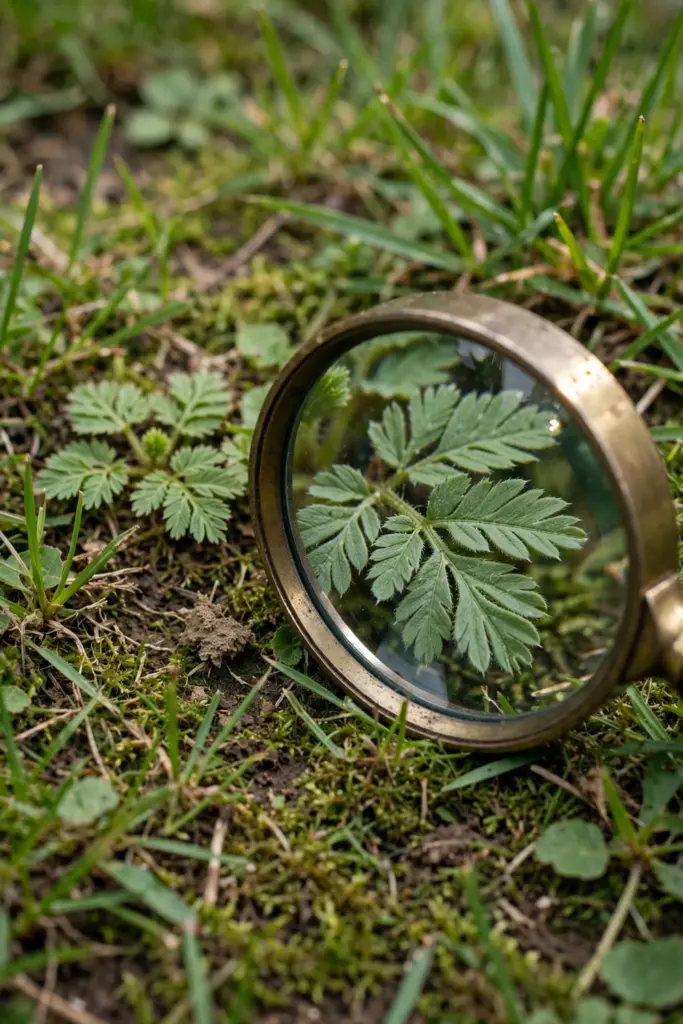Magnifying glass over a bindii rosette on turf