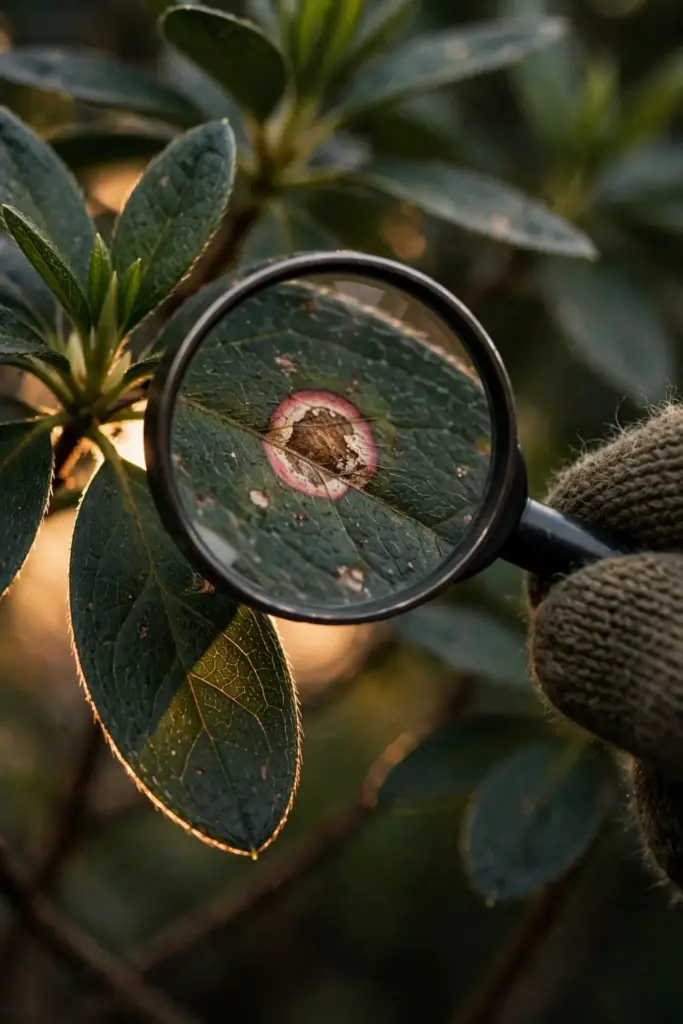 Magnifier over an azalea leaf spot during inspection