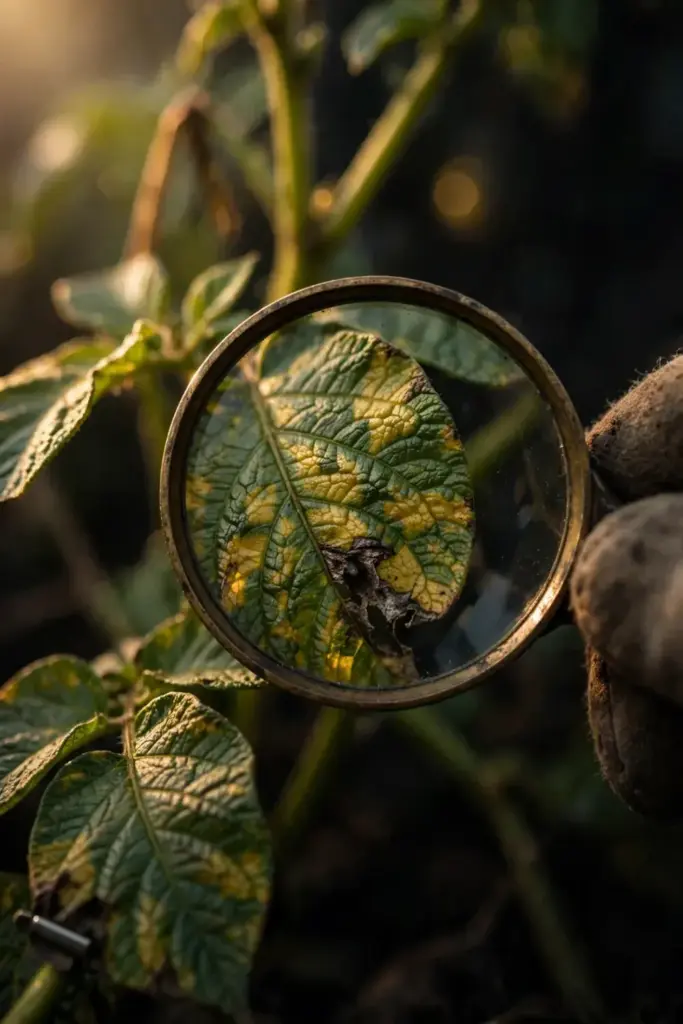Magnifying glass over a mottled cucurbit leaf.