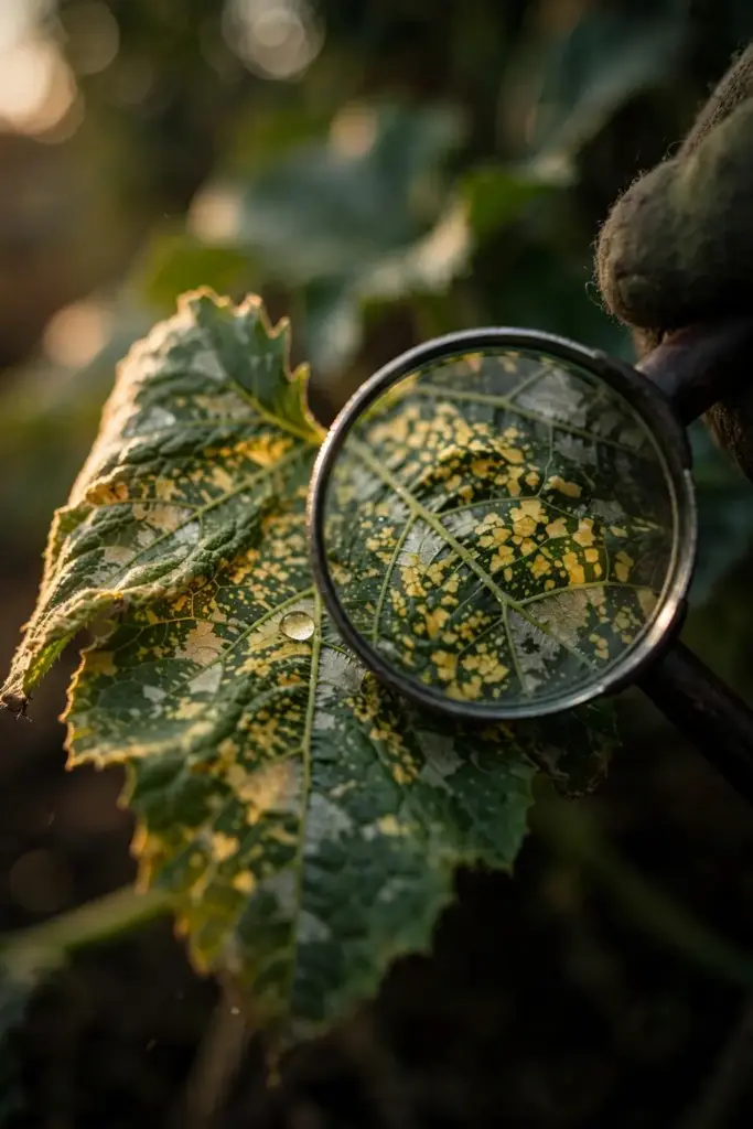 Magnifying glass over a mosaic zucchini leaf, held by a worn garden mitt.