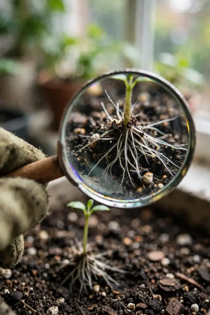Magnifier over new white roots on a recovering repotted seedling.