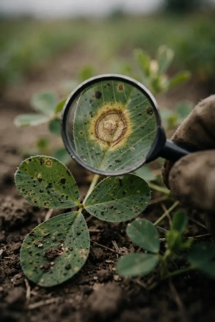 Magnifying glass over a spotted alfalfa leaf during scouting.