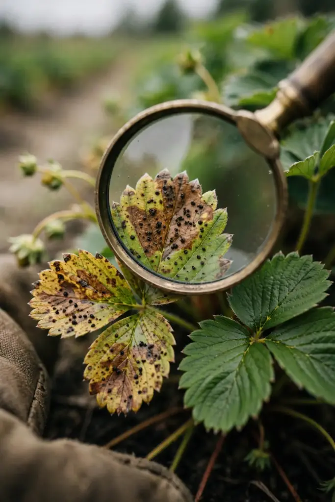 Magnifying glass over a spotted strawberry leaf, held by a worn garden mitt.