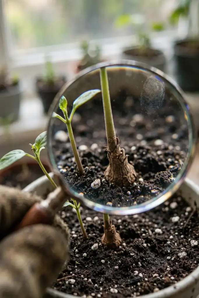 Magnifying glass enlarging a seedling stem base for disease comparison.