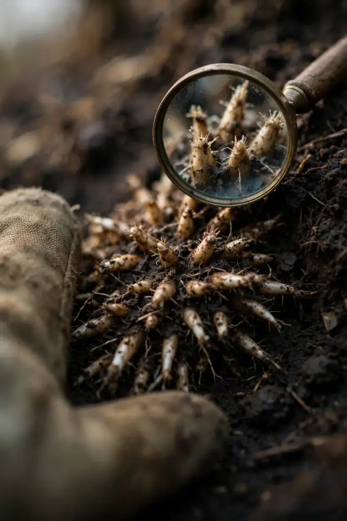 Magnifying glass over washed corn roots with short stubby tips.