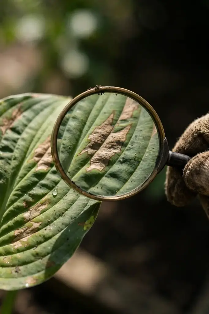 Magnifying glass over a blotchy leaf showing blotches stopping at veins.
