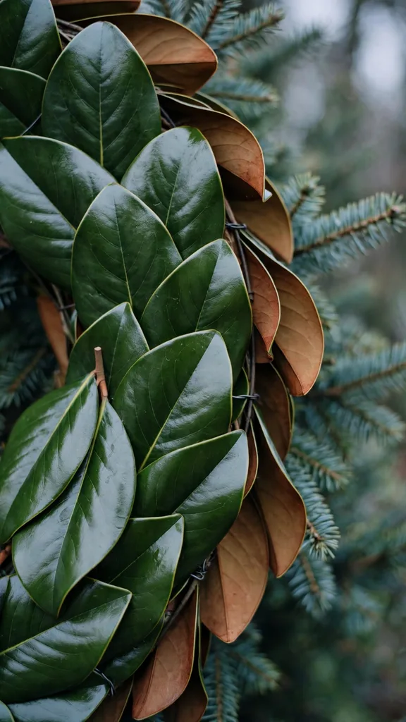 Glossy magnolia leaves wired in overlapping rows around a wreath frame
