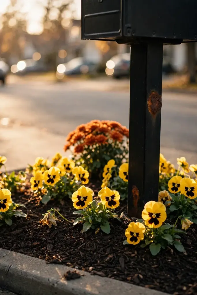 Mailbox with a mum and ring of yellow pansies at its base