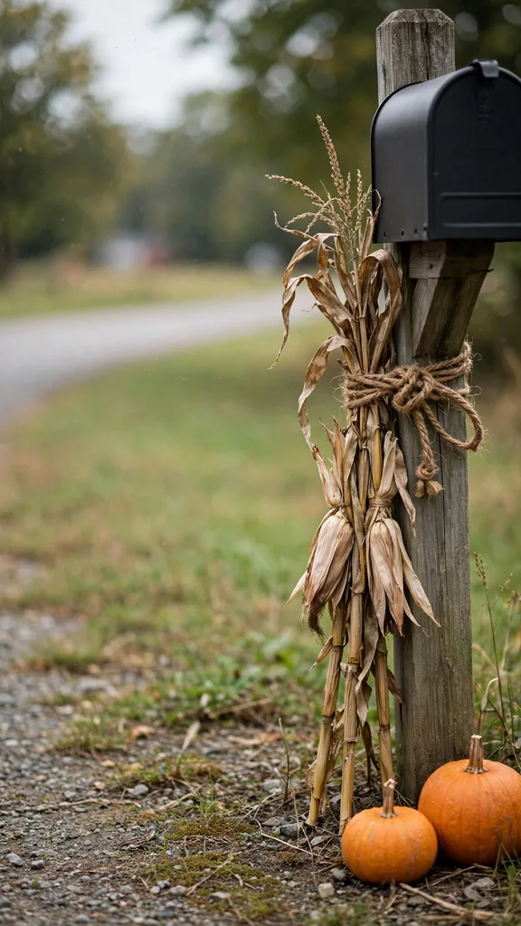 A slim corn stalk bundle tied to a mailbox post by the road