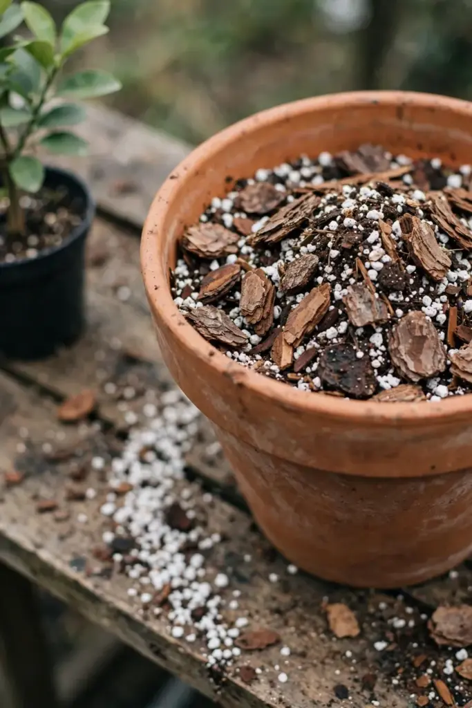 Terracotta pot half-filled with coarse bark citrus potting mix