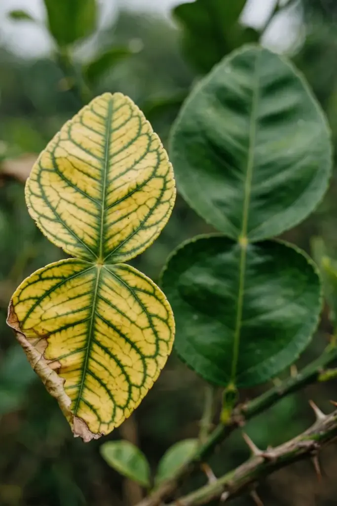 Makrut lime leaf with yellowing tissue between green veins from iron chlorosis